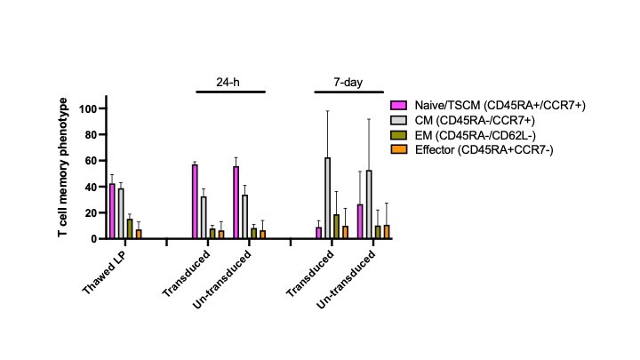Data showing a higher naive TSCM phenotype (CD45RA+/CCR7+) population CAR T cells manufactured utilizing the 24-hour workflow, as compared to the 7-day process.