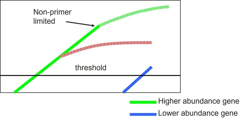 Graph illustrating how polymerase saturation affects multiplex qPCR amplification curves and how primer limitation improves detection of low-abundance targets