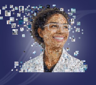 Mosaic image of a scientist composed of smaller images representing qPCR technology, instruments, and scientific research advancements.