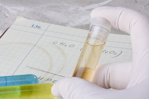 Gloved hand holding a test tube in front of a laboratory notebook. Image: Constantine Pankin/Shutterstock.com
