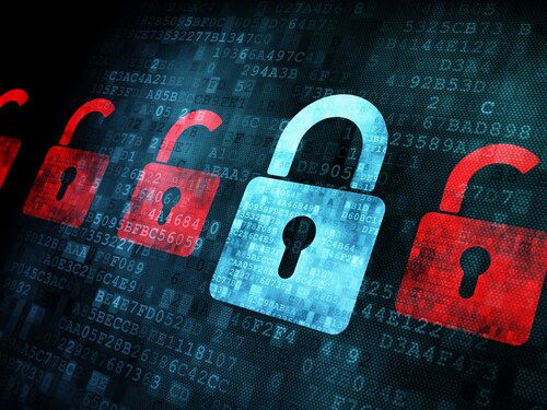 Security concept: Lock on digital screen, contrast, 3d render. Image: Maksim Kabakou/Shutterstock.com.