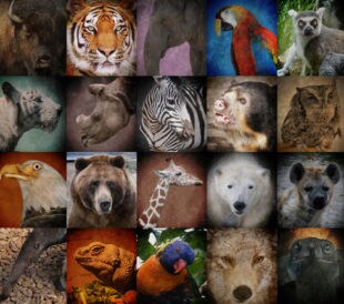 A group of different wild animal faces in a square background. The creatures range from a tiger, elephant, giraffe, buffalo to birds, lizards and polar bears. Use it for a conservation or zoo concept. Image: Angela Waye/Shutterstock.com.