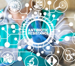 Concept graphic of scientist latex gloved fingers on touch screen with graphic of antibiotic resistance touchpoints.