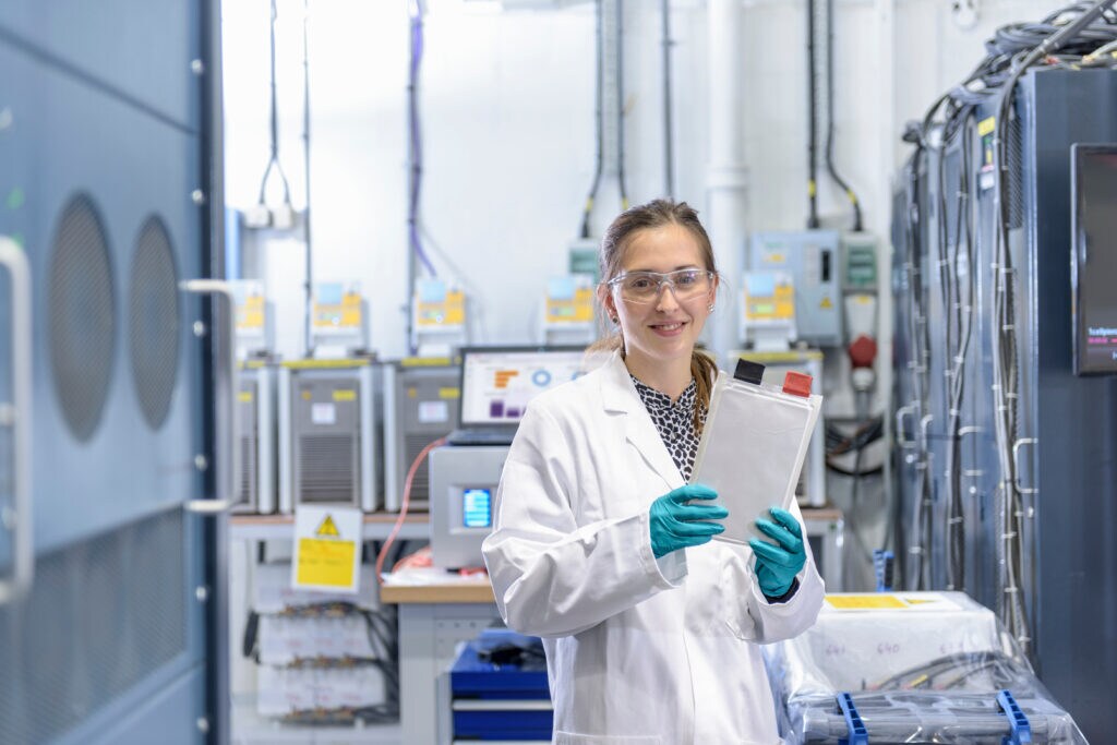 Scientist in lithium ion battery laboratory