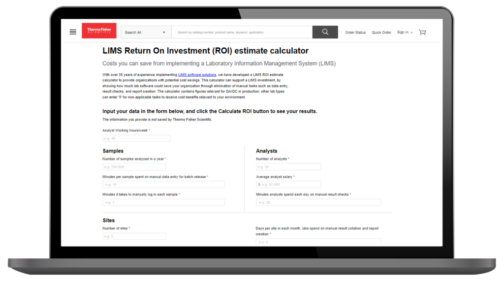 Thermo Fisher Scientific LIMS ROI calculator on laptop screen