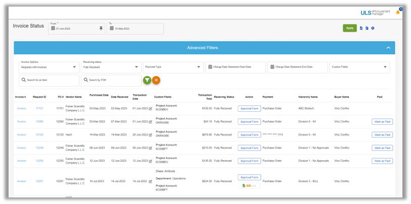 Thermo Scientific eProcurement Manager invoice status interface