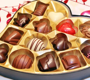 Chocolate candy variety in a heart shaped box