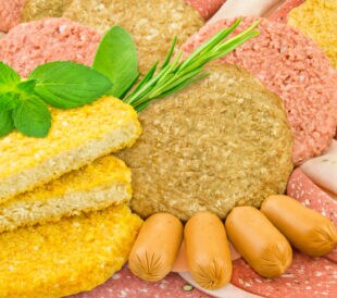 Vegetarian and vegan meat substitutes isolated on white background