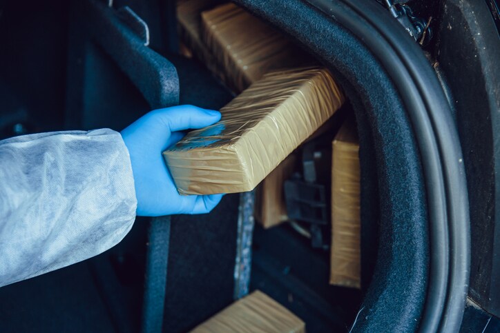 Packages of narcotics in car trunk. Drug smuggling.