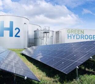 Hydrogen factory with energy storage concept. Green hydrogen production from renewable energy sources.