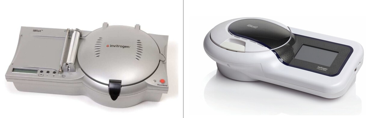 左：iBlot Gel Transfer Device （2013年販売終了）　右：iBlot 2 Gel Transfer Device（2023年5月販売終了）