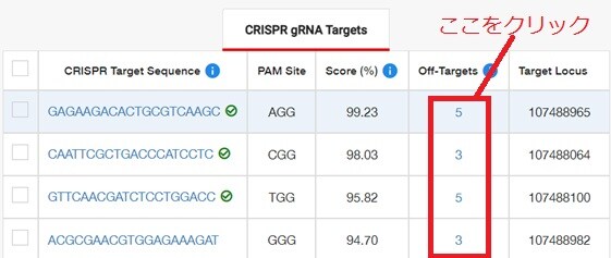 TrueDesign Genomic Editorオフターゲット配列の表示(1)