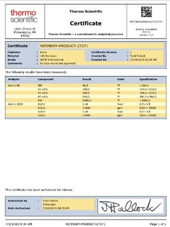分析証明書のサンプル