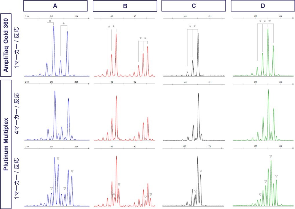 図2：各マイクロサテライトマーカーのエレクトロフェログラム（横軸：bp）