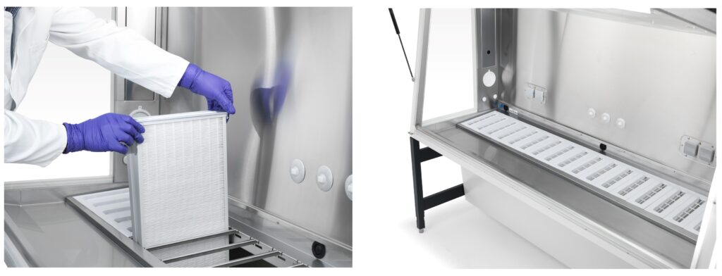 図3. Maxisafe 2030i安全キャビネットの作業台下の一次HEPAフィルターカートリッジ
H14規格のHEPAフィルターモジュールがインストールされており、CMRはこの一次HEPAフィルターにトラップされます