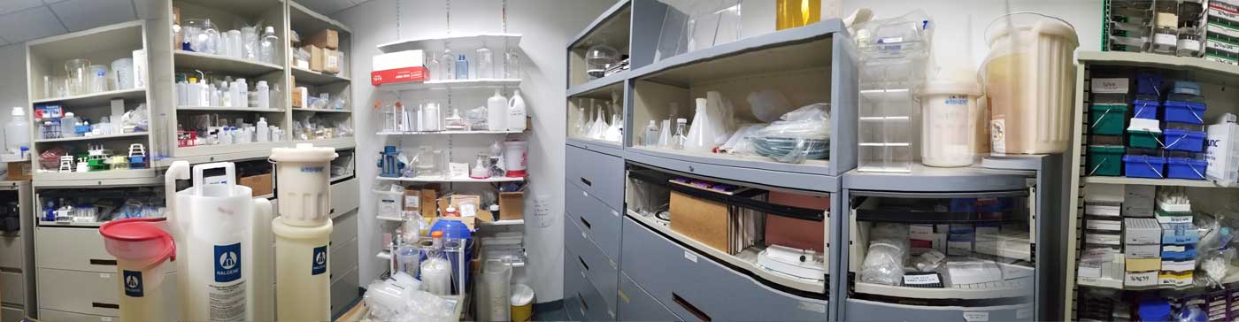 (2) Image of the inside of the Nalgene Labware closet in Rochester, NY.