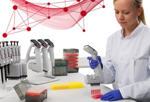 A scientist pipetting in the lab with science inspired designs swirling around the work.