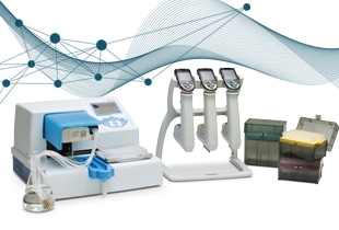 A scientist pipetting in the lab with science inspired designs swirling around the work.