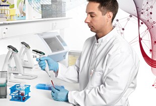 A scientist pipetting in the lab with science inspired designs swirling around the work.