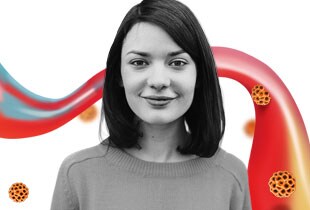 Woman with science inspired images swirling around her