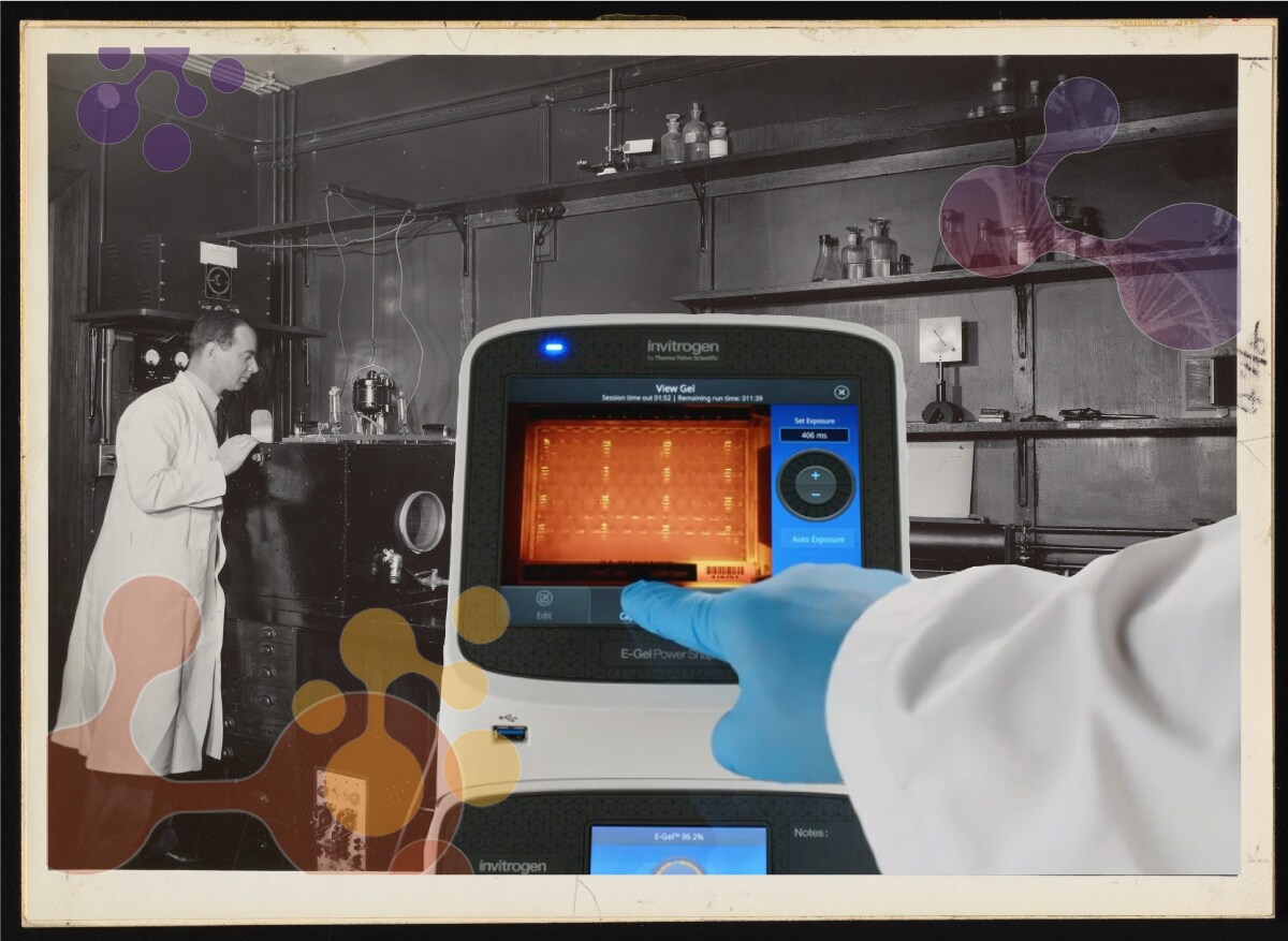 Illustration collage of a modern scientist using the E-Gel Power Snap Plus Electrophoresis System in front of a historic photo of Arne Tiselius with his electrophoresis apparatus