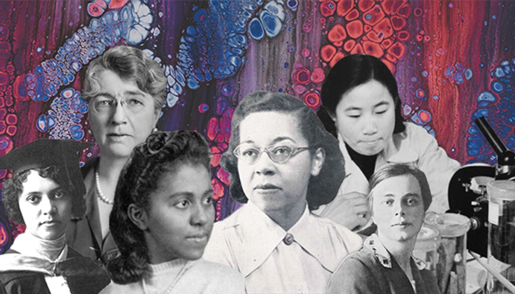Collage of historic women in science against a background that looks like cells