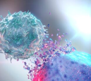Digital illustration depicting the concept of an activated natural killer cell triggering the lysis of a cancer cell. Engineered NK cells are the foundation of CAR NK therapy.