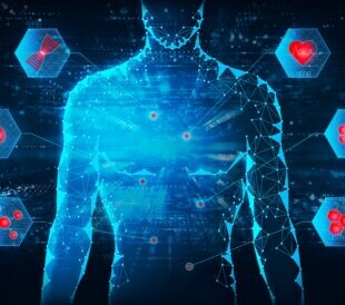 Futuristic illustration of a human body and biomarkers