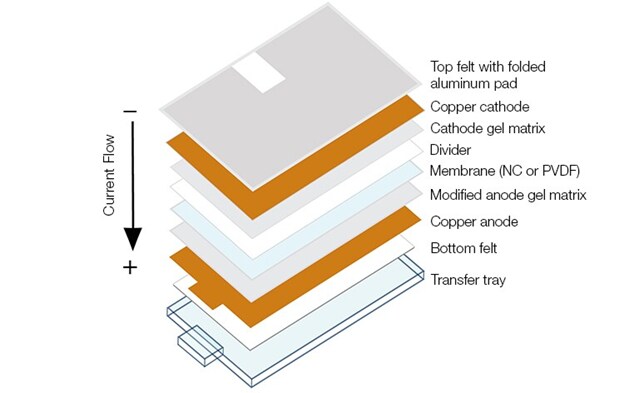Figure 1. Schematic of iBlot3 Transfer stack showing current flow. The complete iBlot 3 Transfer Stack consists of two single-use copper electrodes sandwiching a user-provided nitrocellulose or PVDF membrane.