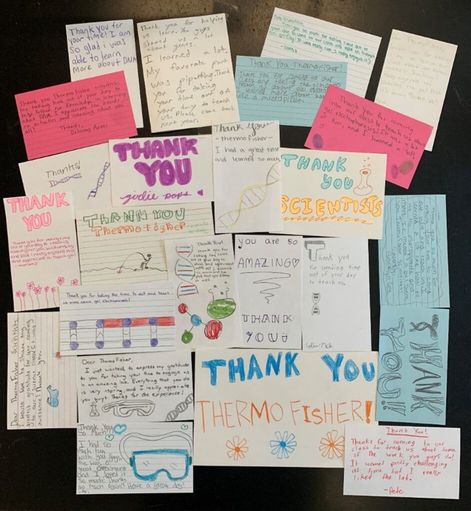 Notes of appreciation from the students to Thermo Fisher Scientific Science Days volunteers
