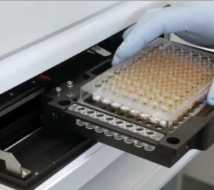 A scientist in PPE inserts a 96 well plate into a multimode microplate reader