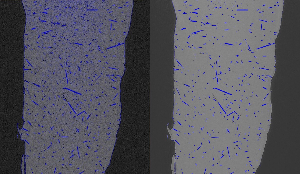 Fiber-reinforced polymers | Standard reconstruction (left) vs. phase contrast retrieval reconstruction (right) of a fiber-reinforced polymer. 