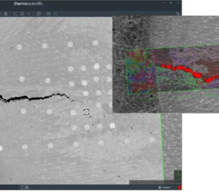 A fracture within a parts component shown at two scales using Maps Software. Maps Software makes it easy to align and correlate data among different images so information can be examined at different scales.