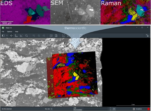 A geologic sample merging data from SEM-EDS, EDS, and a standalone Raman microscope. Maps software makes it easy to combine all of your imagery into a single environment for simultaneous viewing and interpretation.