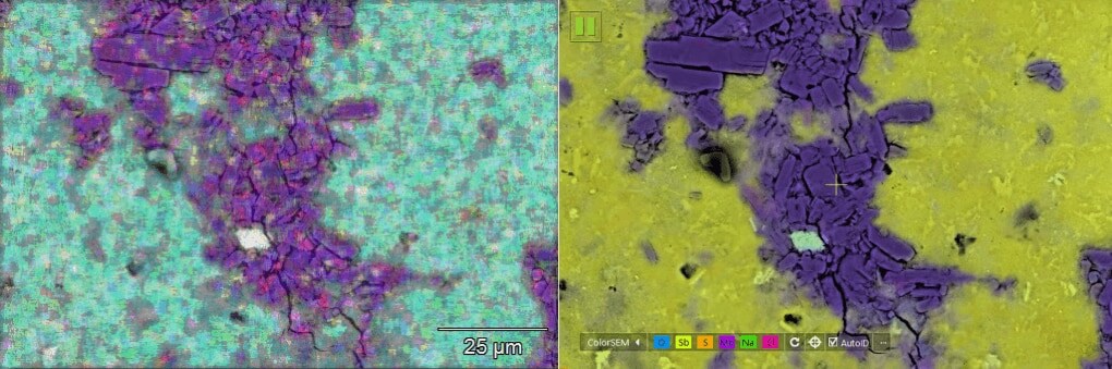 SEM EDS analysis of molybdenum oxide (MoO) on an antimony sulfide (SbS) substrate