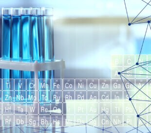 Studying chemistry. Periodic table and test tubes, double exposure
