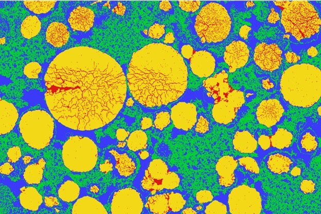 Battery material color coded by Avizo Trueput Software for battery manufacturing quality control.