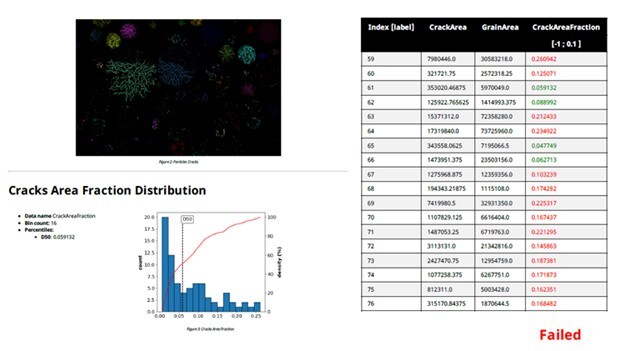 Example of data reported from Avizo Trueput Software for battery manufacturing quality assessment.