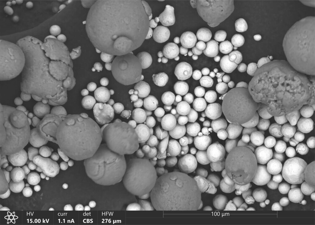 Backscattered SEM image of a powder used in additive manufacturing. 