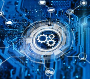 semicondutor technology concept; Optimisation of business and industrial process workflow and automation. Development of sofware for automatization managment. Gears on virtual screen.
