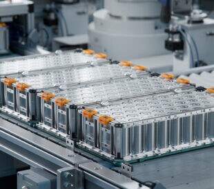 Lithium-ion High-voltage Battery Component for Electric Vehicle or Hybrid Car. Battery Module for Automotive Industry on Production Line. High Capacity Battery Production inside a Factory.