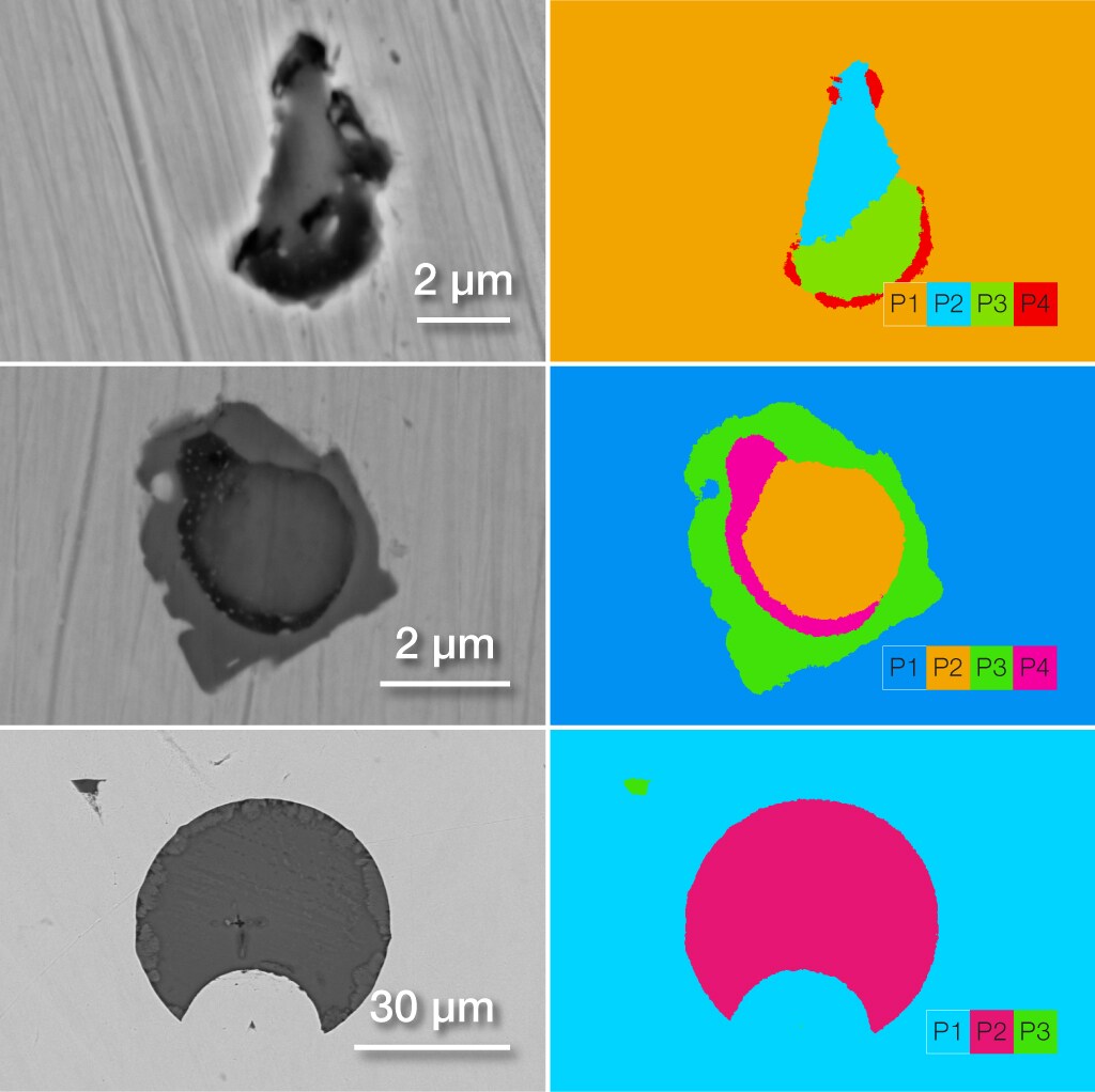 Analysis of inclusions in steel with SEM EDS, together with the resulting chemical phase analysis. Analysis of inclusions in steel with SEM EDS, together with the resulting chemical phase analysis.