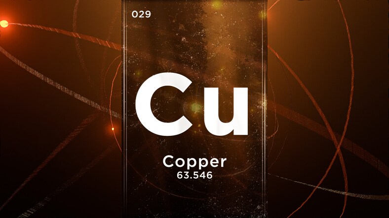 Copper (Cu) symbol chemical element of the periodic table, 3D animation on atom design background
