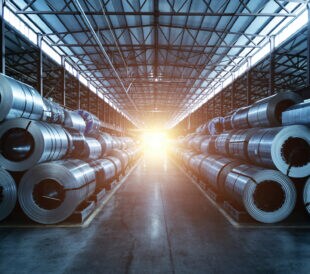 Roll of galvanized steel sheet at metalworking factory.