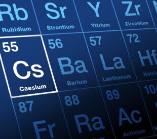 Caesium, Cesium, on periodic table of the elements. Alkali metal named after Latin caesius, sky-blue. Symbol Cs, atomic number 55. Fission product caesium-137 is extracted from nuclear reactor waste.