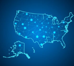 Abstract mash line and point scales on dark background with Map of usa. Wire frame 3D mesh polygonal network line, design sphere, dot and structure. communications map of usa. Vector.