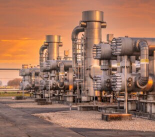 Oil and gas processing plant in the Groningen Gas Field area with pipe line valves. This is one of the few natural gas fields in Europe.
