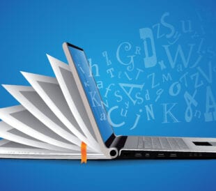 Computer as book eleaning concept - laptop with alphabet letters idea