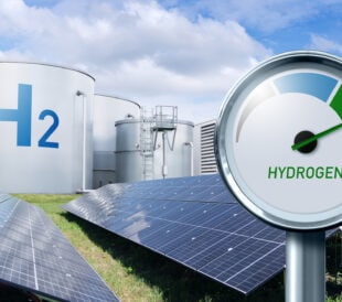 Hydrogen factory with energy storage concept. Green hydrogen production from renewable energy sources.