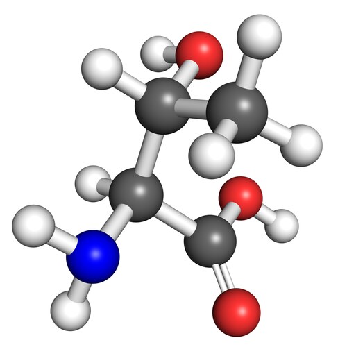 Threonine (amino acid) molecule, ball and stick model. Atoms colored according to convention. Image: petarg/Shutterstock.com.